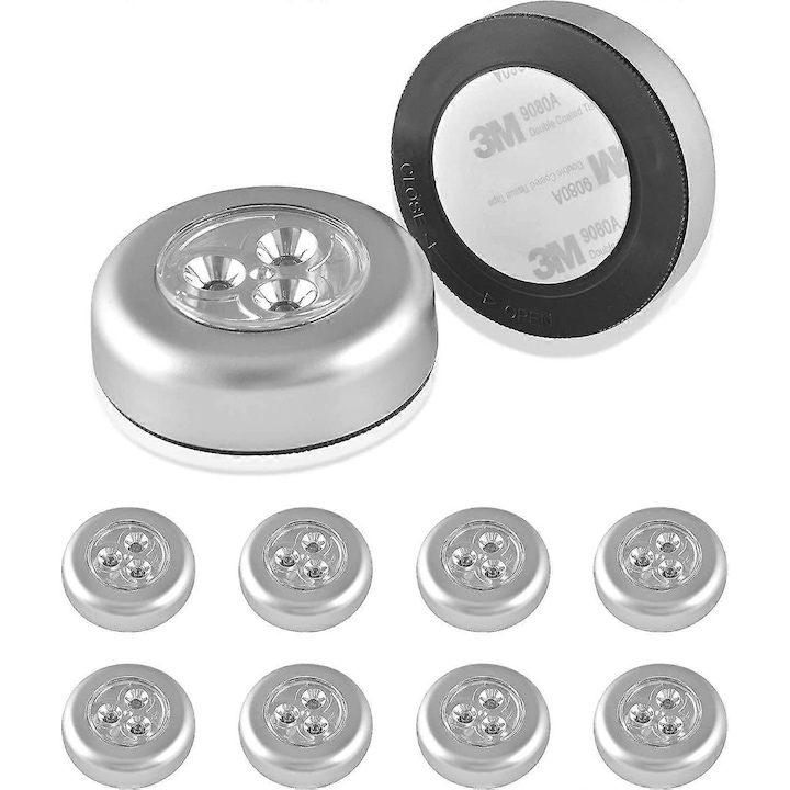 Set de 10 spoturi LED autoadezive, iluminare sub dulap, culoare argintie, dimensiuni 69x25mm