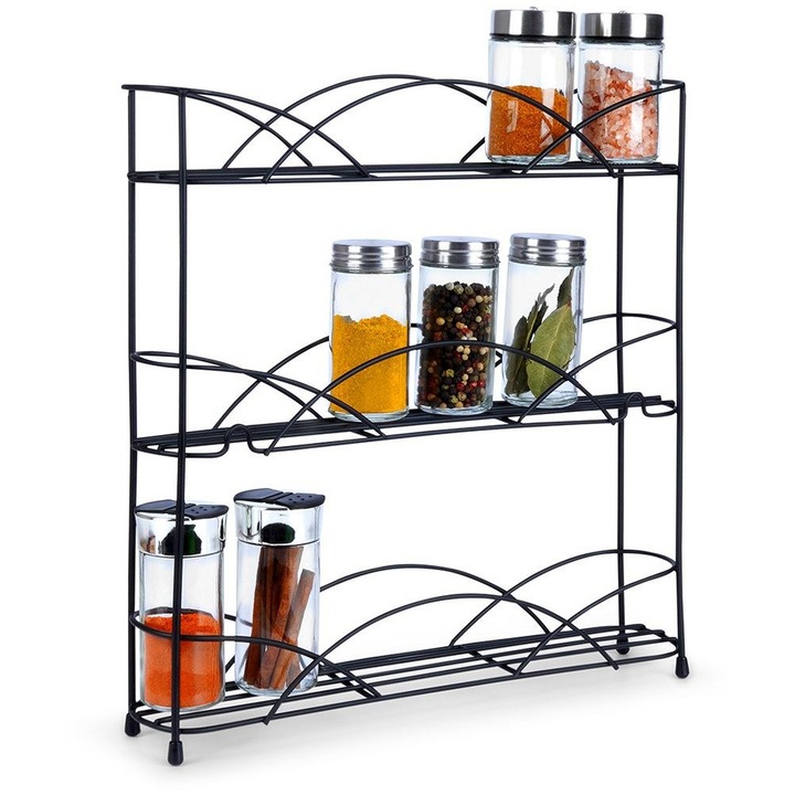 Raft metalic negru pentru condimente, Artemis, 3 niveluri, 33,5x6,5x33,5cm