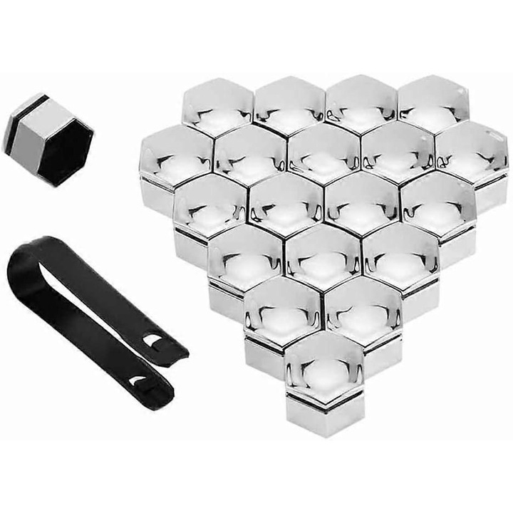 Set 20 capace pentru piulite roata, 17mm, 19mm, 21mm, argintii, 10x10x10cm