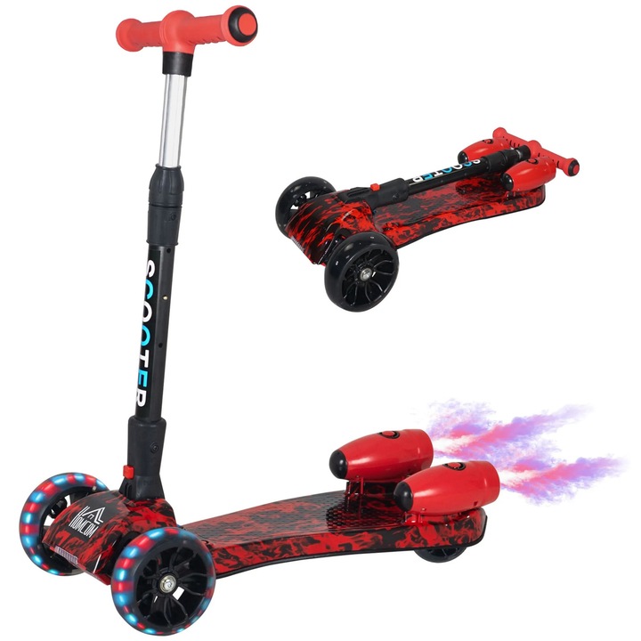 Детска тротинетка с 3 колела, регулируема, сгъваема с LED светлини, ТРОТИНЕТКА, звуци и пара, червена