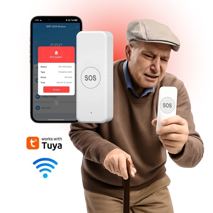 Buton SOS de Panica Inteligent pentru varstnici, Aplicatie Smart Tuya, Notificare instant pe telefon, Wi-Fi