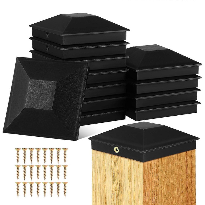 Capace pentru stalpi de gard, 12 bucati, plastic, negru, 10.30x10.30x3.00cm