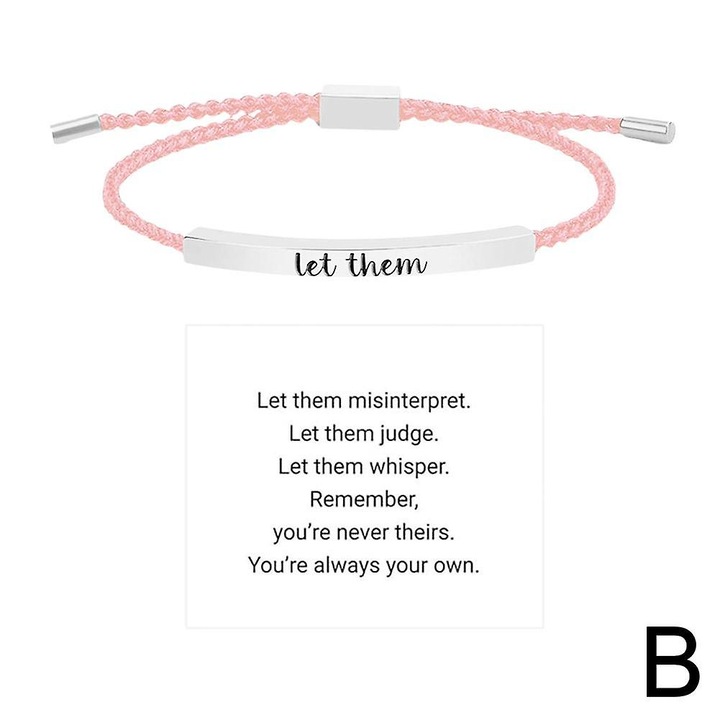 Bratara ajustabila din otel inoxidabil si cordon de nailon, Let Them Tube, 23cm, roz