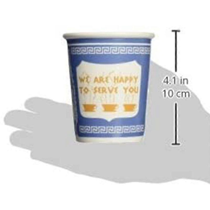 Ретро керамична чаша 300 мл, надпис "Щастливи сме да Ви обслужим", синьо и бяло, 10x8 см