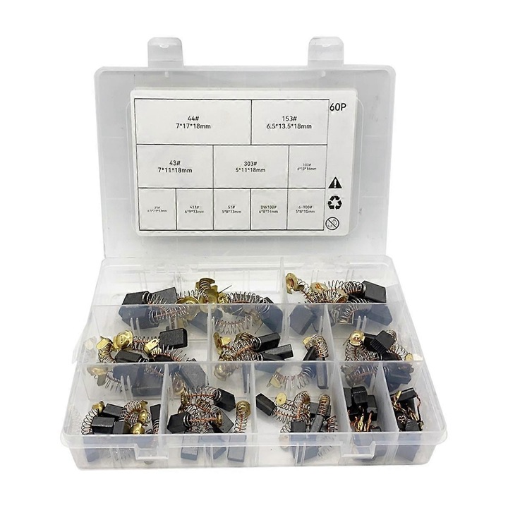 Set 60 perii carbon pentru motoare electrice, 10 dimensiuni diferite, negru