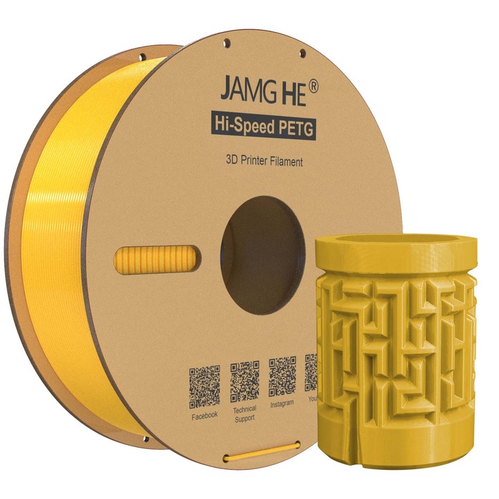 Jamghe PET-G 3D филамент, жълт, 1.75 мм, 1 кг, бърз печат, висока издръжливост