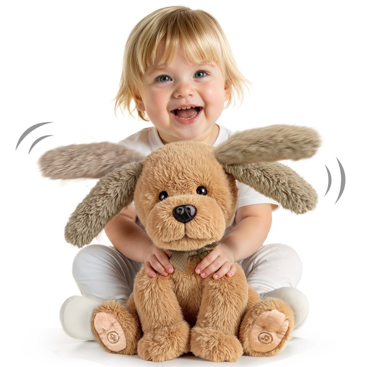 Играчка Говорещо и игриво кученце Tumama®, Пее, Имитира и движи ушичките, главата, тялото и опашката, 10 мелодии, Интерактивна, Меки и безопасни материали, Възраст 3+, Кафява