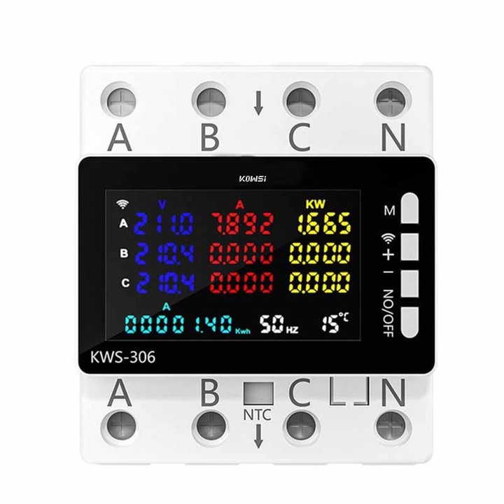 Releu trifazat smart de protectie supratensiune, suprasarcina si supracurent 3P+N, digital si color, senzor temperatura, recuperare automata, 1-80A