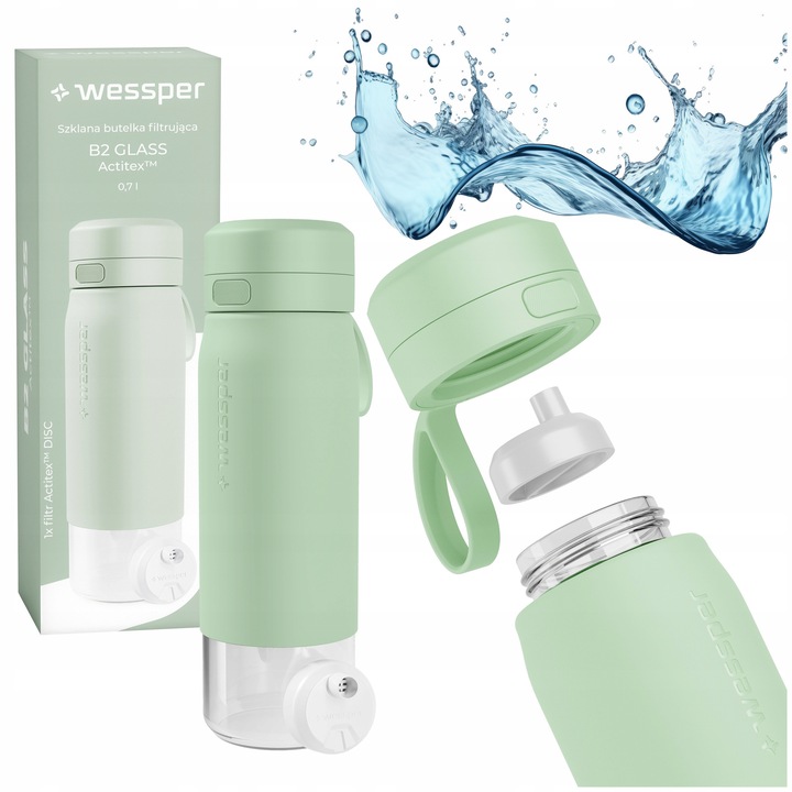 Sticla de apa sport cu filtru, Wessper B2 Glass Actitex, Ø7,5 x 24 cm, 700ml, menta, BPA free