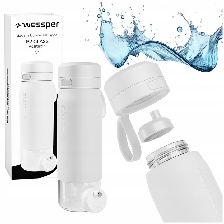 Sticla de apa sport cu filtru, Wessper B2 Glass Actitex, Ø7,5 x 24 cm, 700ml, alb, BPA free