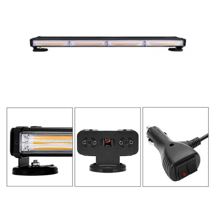 Rampa girofar cu magneti, 60 cm cu bara dubla stroboscop, 12V-24V, prindere magnetica, lumina galbena