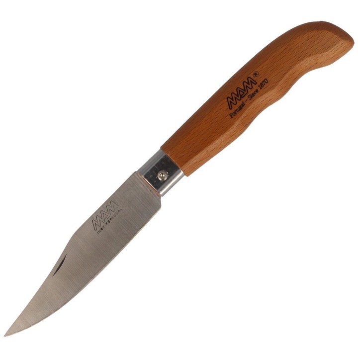 Cutit Pliabil, Mam, 2045-Mw, Lama Din Otel Inoxidabil German Aisi 420, Maner Din Lemn De Fag Lacuit, Lama Tip Bowie Cu Finisaj Neted, Prindere Ergonomica, 183 Mm X 83 Mm X 1,5 Mm, Culoare Bronzata