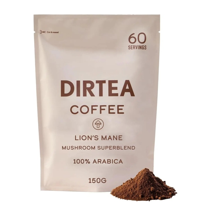 Organikus kávé és adaptogén gomba por, DIRTEA, Mushroom Coffee, 100% Arabica, oroszlánsörény gombát, Ashwagandhát, B-vitamin komplexet és folsavat tartalmaz, támogatja az immunitást és a koncentrációt, antioxidáns hatású, energiát ad, 100% vegán, 150 g