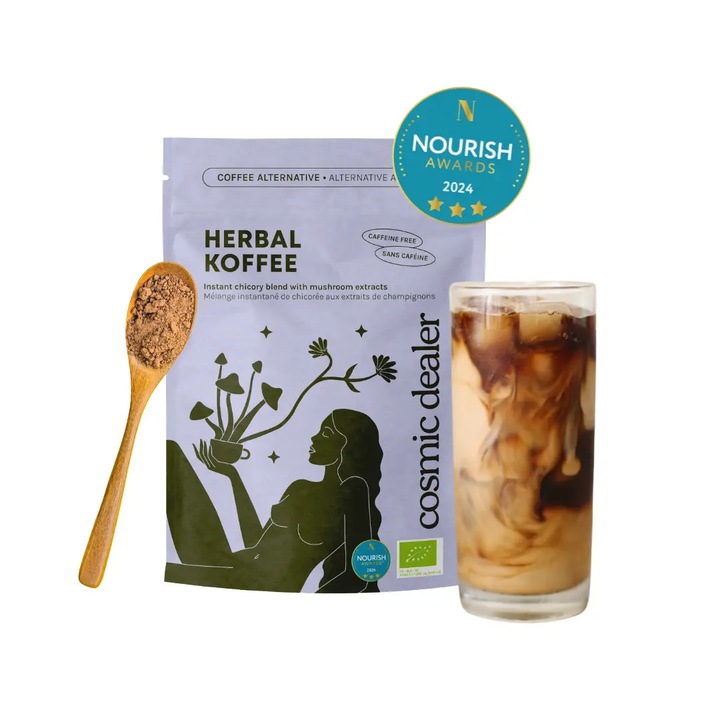 Alternativa naturala pentru cafea Cosmic Dealer, Herbal Koffee Blend, din cicoare, orz si secara, cu extracte din ciuperci adaptogene, fara zahar si cofeina, ingrediente organice, 120 g