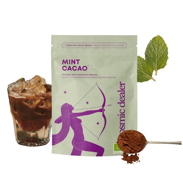 Cacao 100% organica cu ciuperci adaptogene Cosmic Dealer, Mint Cacao, contine pudra de Lucuma, Reishi, Lion's Mane si Maitake, fara zahar si conservanti, produs vegan, fabricat in Franta, 120 g