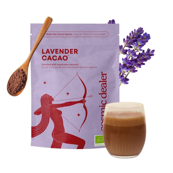 Cacao 100% organica cu ciuperci adaptogene Cosmic Dealer, Lavender Cacao, contine pudra de Lucuma, Reishi, Lion's Mane si Maitake, fara zahar si conservanti, produs vegan, fabricat in Franta, 120 g