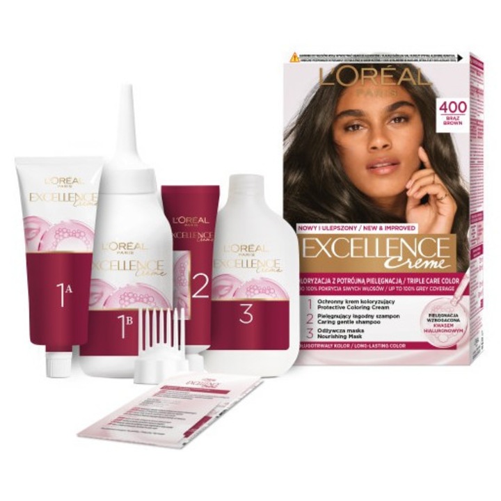 Set vopsea de par L'Oreal Paris Excellence Creme, Nuanta 400 Brown, acoperire 100% pentru parul alb, cu sampon si masca hidratanta