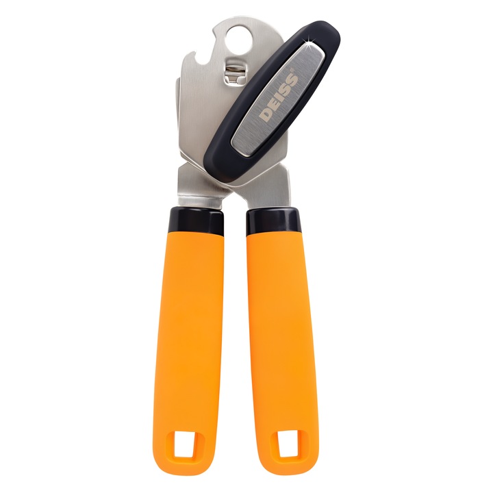 Ръчна отварачка за консерви, Deiss PRO, с отварачка за бутилки, от неръждаема стомана, с ергономична дръжка против приплъзване, оранжева