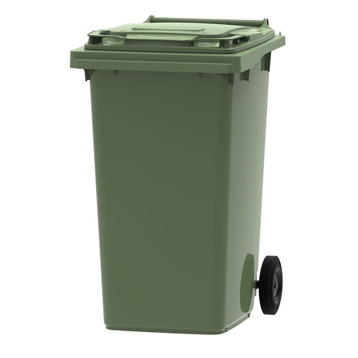 Pubela de gunoi 240 litri, verde, HDPE, capac rabatabil, 2 roti, rezistenta la socuri