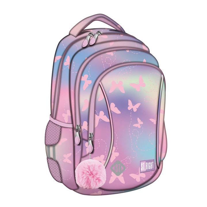 Училищна раница Majewski St Right, Bp26, Розови пеперуди, 3 отделения, 39 X 27 X 17 см