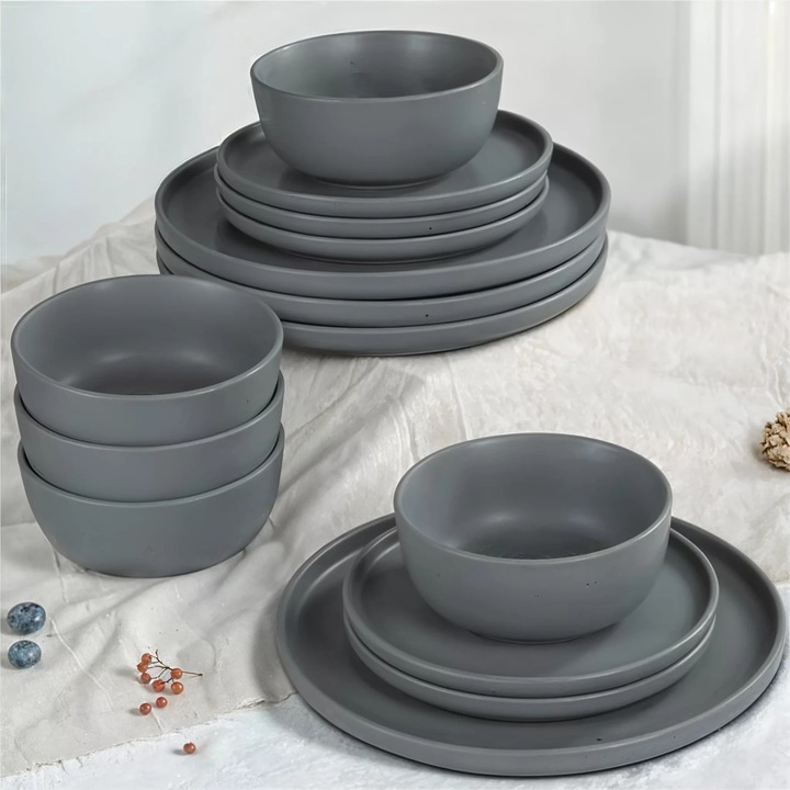 Set vesela, serviciu de masa cu 12 farfurii, boluri din ceramica, gri inchis cu puncte negre, Callena Nordic Simplicity