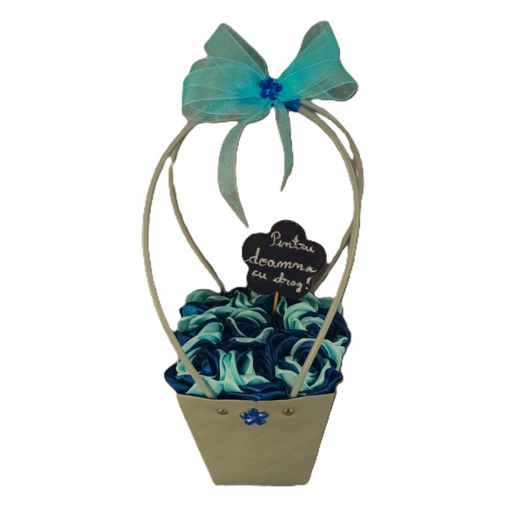Aranjament floral personalizabil, punga carton cu 9 trandafiri din satin, floricica din lemn cu mesaj, pentru doamna, inceput/sfarsit de an scolar, aniversare, 37 cm, albastru