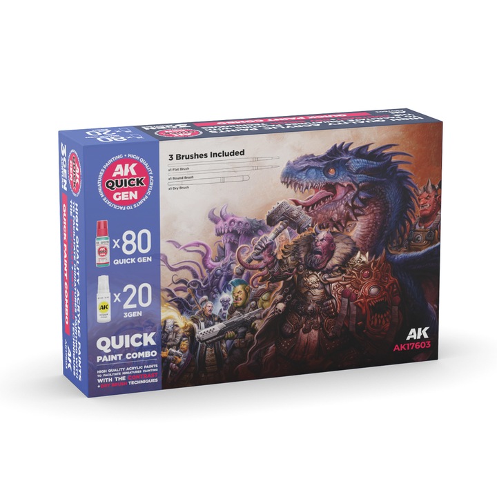 Kombinált festékkészlet három ecsettel, 80x18ml AK Interactive Quick Gen + 20x17ml 3Gen akrilfesték