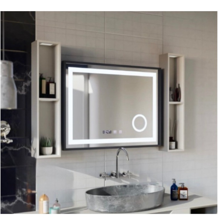 Oglinda LED Touch, Sistem Dezaburire, Ceas si Temperatura 80x60 cm Rama Negru Brushed Lupa Cosmetica