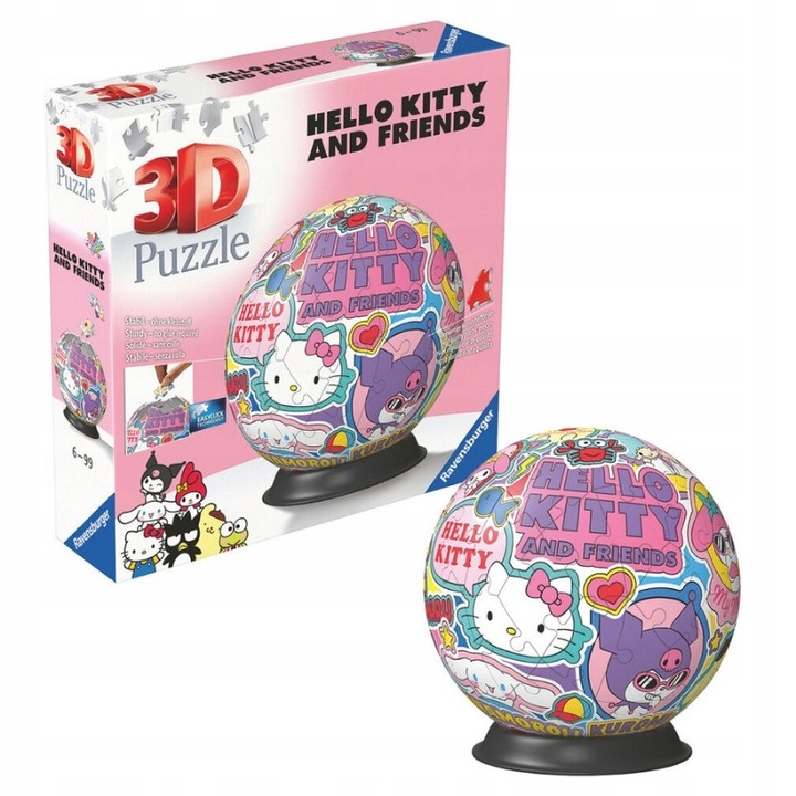 3D пъзел Hello Kitty, Ravensburger, 72 части, технология Easyclick - не е необходимо лепило, диаметър на сферата след сглобяване приблизително 12,9 см, развива пространственото въображение, подобрява концентрацията и търпението, многоцветен, 72 части