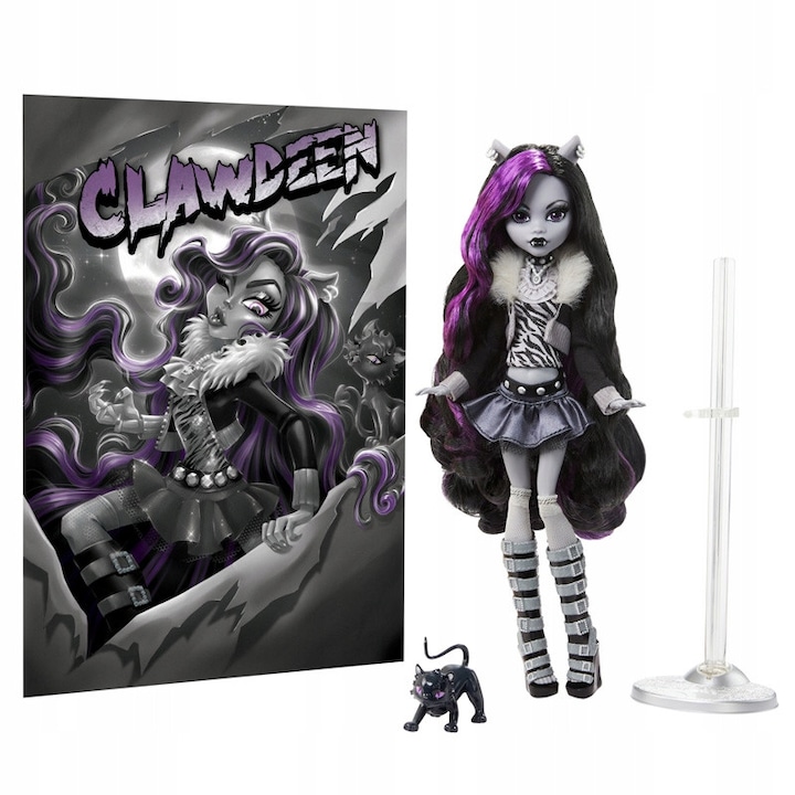Комплект кукла Monster High Clawdeen Wolf с аксесоари, Mattel, пластмаса, препоръчителна възраст 6+, подвижни дрехи, фигурка на котенце Crescent, 27 см, многоцветна, 1 брой