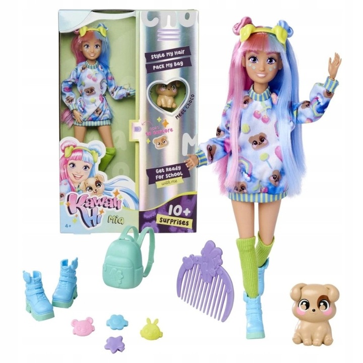 Комплект кукла Simba Kawaii Hi Mia и шоколадово кученце с аксесоари, Simba, височина на куклата 26 см, височина на кученцето 5 см, пластмасов материал, подвижни крайници, 26 x 5 см, многоцветен, 10 елемента