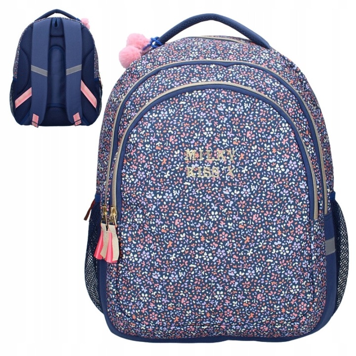 Rucsac Scolar, Vadobag, Milky Kiss - Floral Fame, 2 Compartimente, Poliester, Multicolor, 44x33x24cm