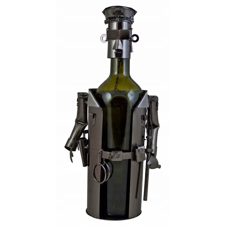 Suport Metalic pentru Sticla de Vin Hinz "Politist", Cadou Original pentru Barbati, Design Umoristic, 0.75L, Negru Mat