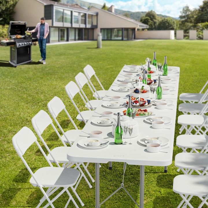 Masa dreptunghiulara pliabila 180x75x74 cm, cadru metalic din otel, blat din plastic HDPE, alb, pentru gradina, terasa, camping, evenimente, Brivoo®