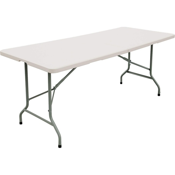 Masa dreptunghiulara pliabila 180x75x74 cm, cadru metalic din otel, blat din plastic HDPE, alb, pentru gradina, terasa, camping, evenimente, Brivoo®
