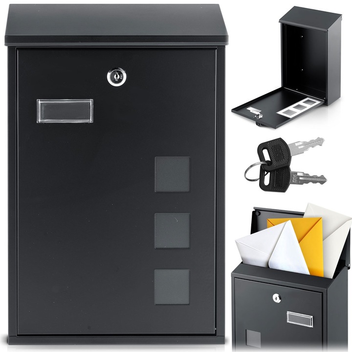 idealSTORE Prémium postaláda, horganyzott acél, 39, 5x25, 5x12 cm, antracit fekete, modern és elegáns, időjárásálló és korrózióálló, biztonsági zárral és 2 kulccsal, kémlelőablakkal, fali rögzítéssel