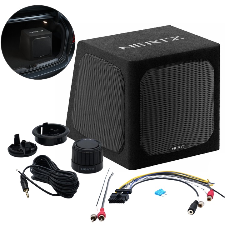 Автомобилен субуфер с вграден усилвател Hertz Dieci® DBA 201, 200 мм, 220 W RMS, компактен и високопроизводителен, автомобилен високоговорител, 291 x 315.5 x 264 мм, черен