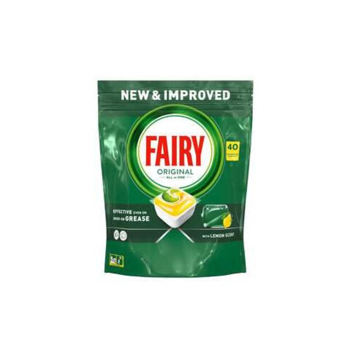 Mosogatógép kapszulák, Fairy AIO Lemon, 40 darabos, üveg- és ezüstvédelemmel, hatékony tisztítással