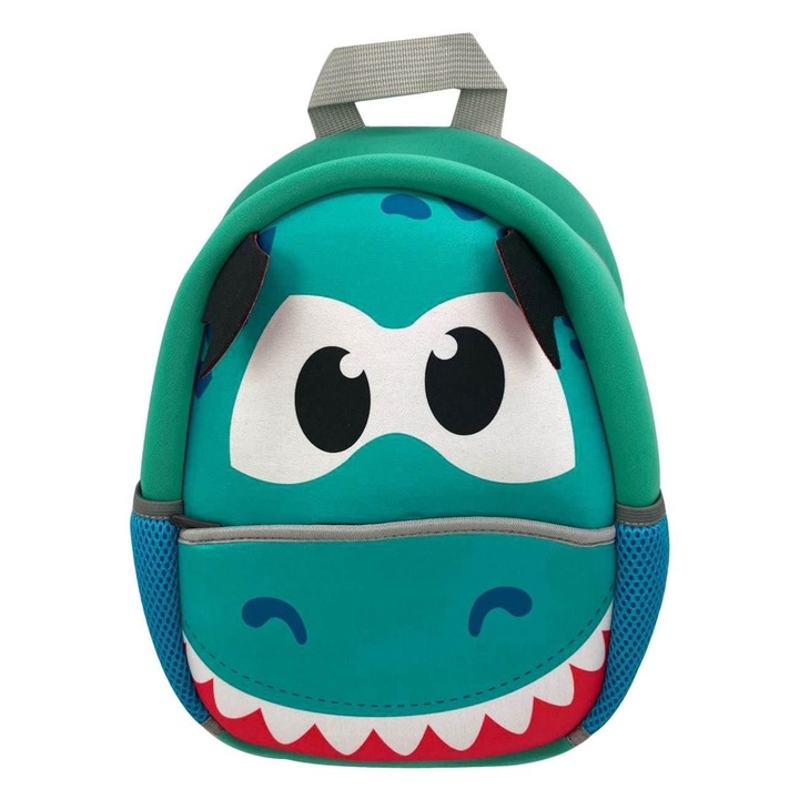 Ghiozdan Grădiniță Shopiens Dinozaur Verde 21x9.5x30 cm Neopren, Compartiment Mare, Buzunar Frontal