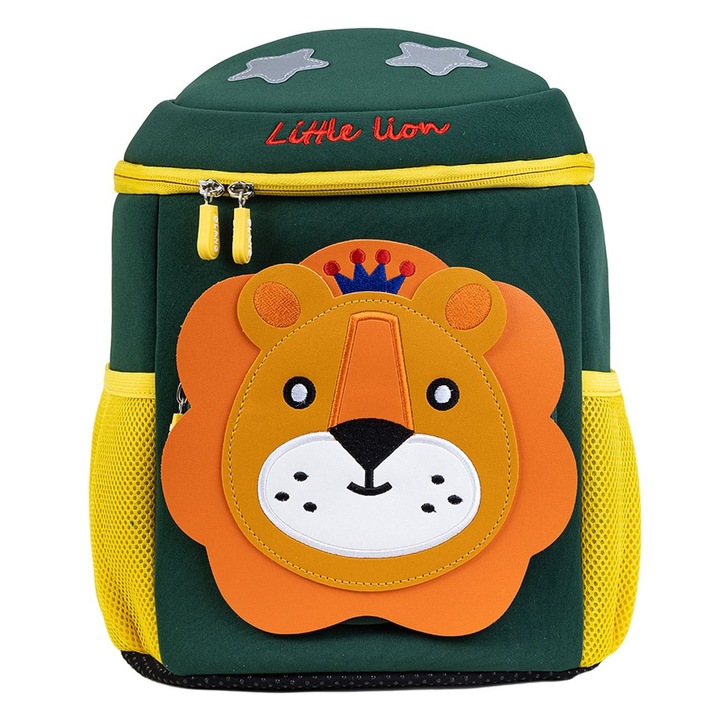 Zöld Sárga Óvodai Hátizsák Fiúknak Oroszlán Modell 26x15x33 Cm Neoprén Nagy Rekesszel Elülső Zsebekkel Oldalt Hálós anyagból