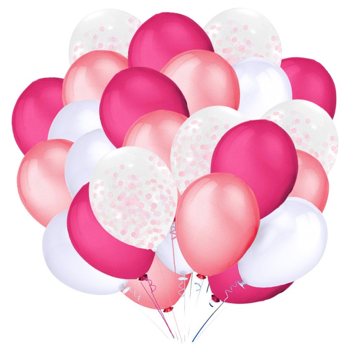 Fehér, rózsaszín, fukszia lufi konfettivel, 35 db, 30 cm