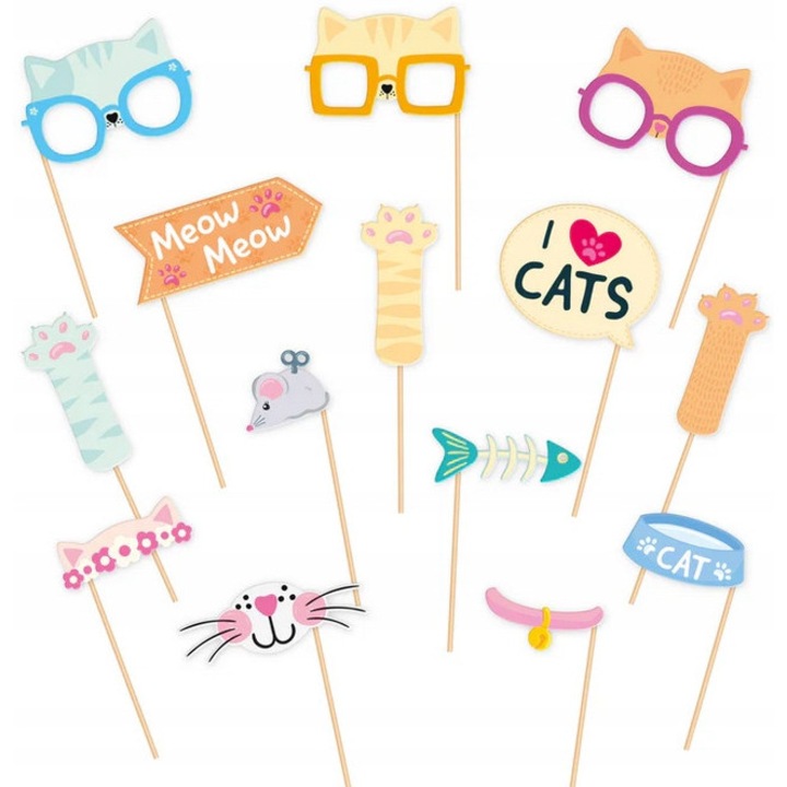 Set accesorii petrecere, PARTYPAL, foto rekwizyty KOTKI, 14 piese, multicolor, dimensiuni 15x5cm - 18x16cm, inaltime bat 20cm