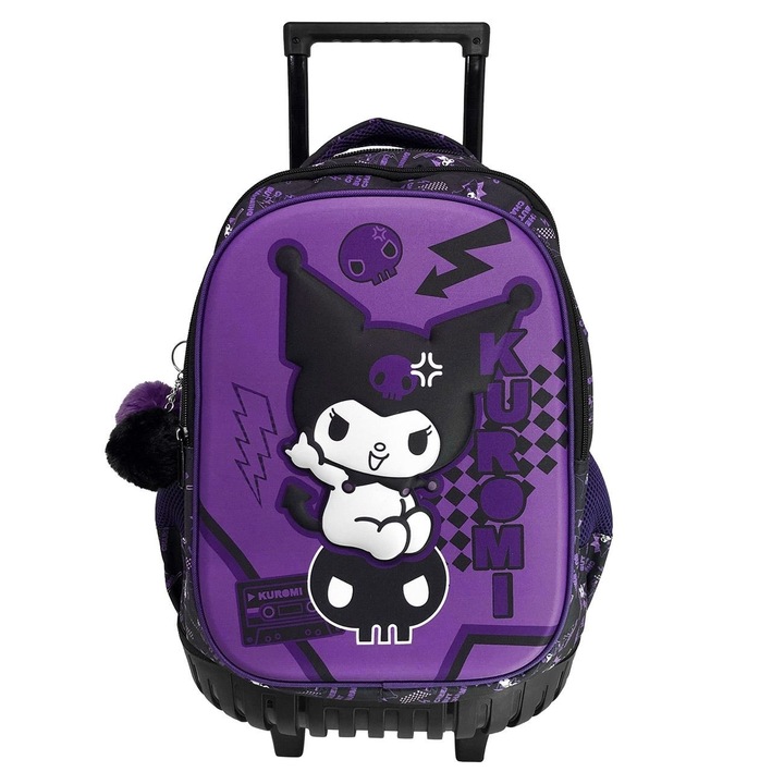 Раница за колички за момичета Kuromi 3D, лилава, 34x20x44 см, полиестер, 30 л, 3 отделения, преден джоб, странични джобове, мрежа, телескопична дръжка 80 см, 2 колелца, гъбена основа за гръб, меки презрамки, помпон, ключодържател