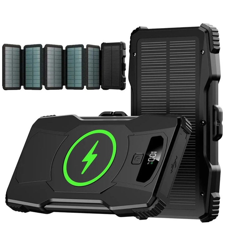 Външна Слънчева Батерия с 6 Панела Linomag, Power Bank 10000 mAh, Зареждане Type C, USB, Micro USB, Магнитно Безжично Зареждане, Вградена Фенерче, Водоустойчива, Черен