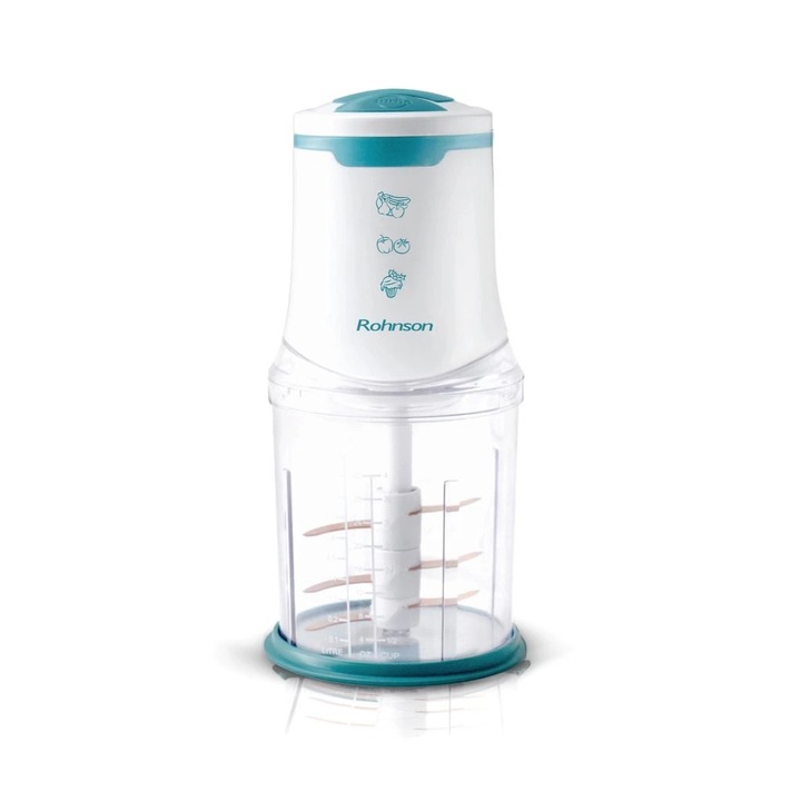 Чопър Rohnson R-5119, 650W, Троен нож с титаниево покритие, Купа 1 литър, Turbo бутон, Бял/Син