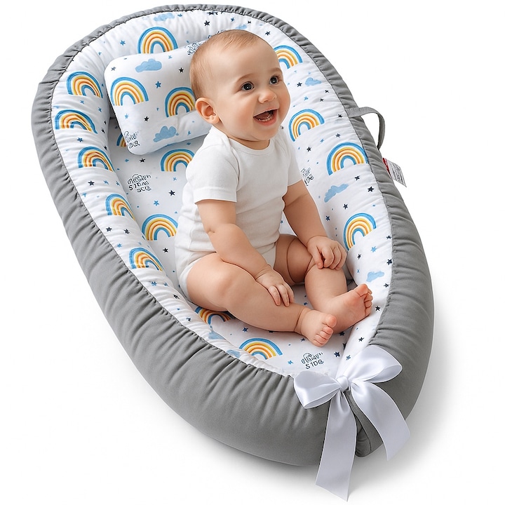 Cosulet Bebelusi pentru Dormit tip Baby Nest, Linomag®, cu Doua Fete, 0-24 Luni, 90x55cm, Husa Bumbac, Confort & Siguranta, Alb/Gri deschis