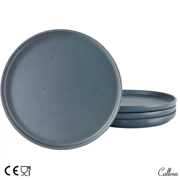 Set 4 farfurii intinse, farfurii ceramica simple, 26 cm, farfurii albastru inchis cu puncte negre, Callena Nordic Simplicity