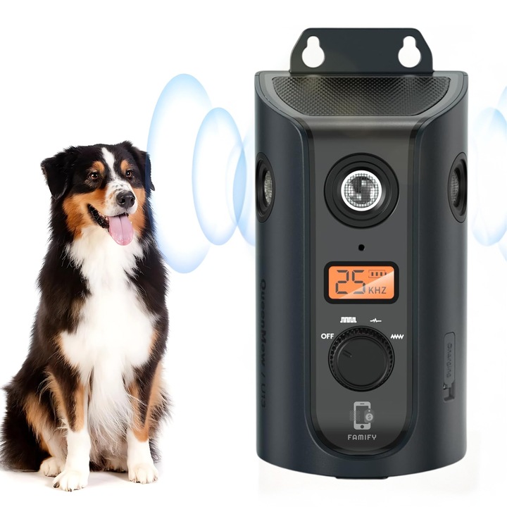 Dispozitiv Ultrasonic Anti-Latrat Pentru Caini, Famify, Raza de Actiune 15 m, 3 Moduri Reglabile, Interior Si Exterior, Rezistent la Apa IPX5, Incarcare Solara si USB, Afisaj LED, Acoperire 270°, Sigur Pentru Oameni si Animale, Negru
