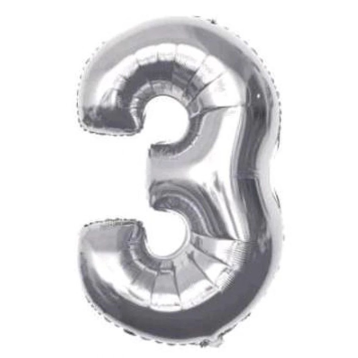 Ezüst '3' Fólia Lufi - 110 cm, Héliummal és Levegővel Tölthető