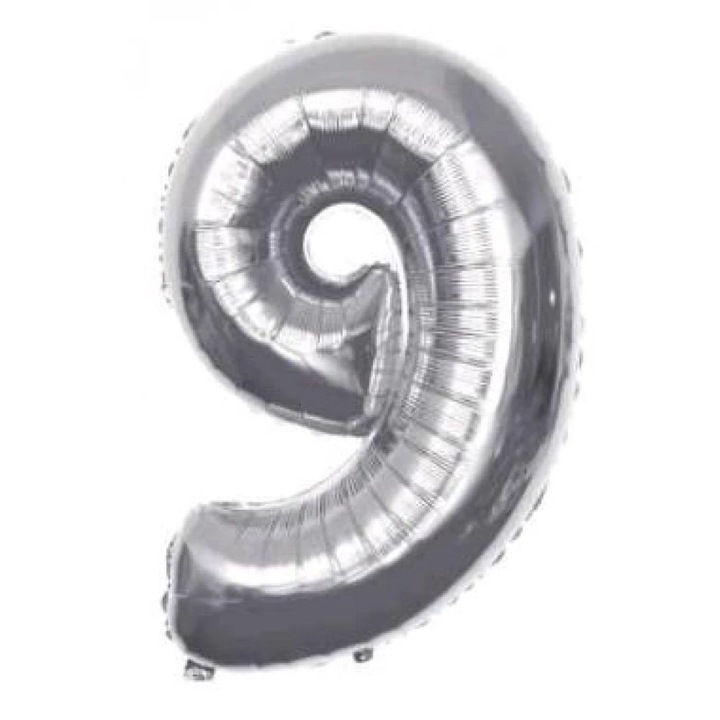 Ezüst '9' Fólia Lufi - 110 cm, Héliummal és Levegővel Tölthető